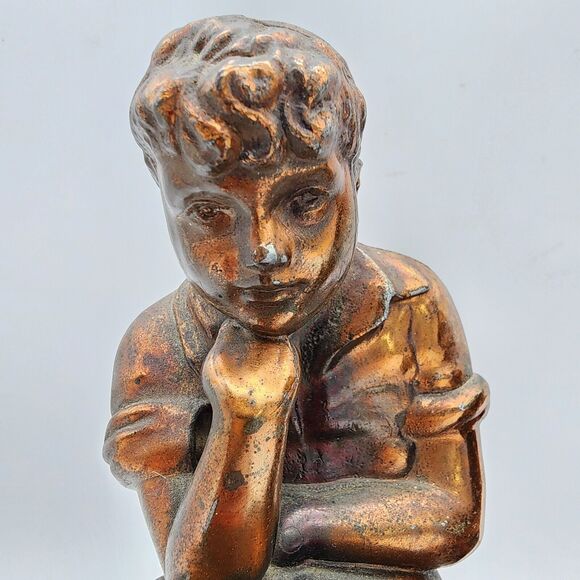 Pair of Antique Bookends Boy Reading Cast Metal Bronze Finish Office Decor MCM - Picture 3 of 15